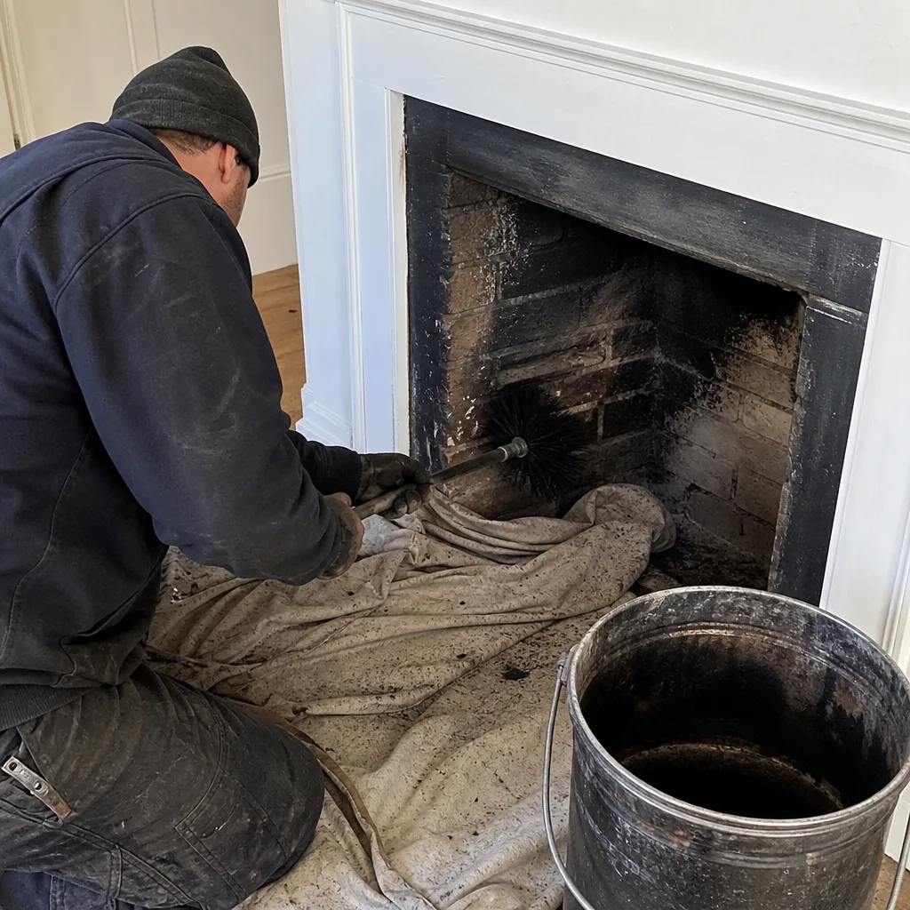 Professional chimney sweep cleaning soot from a residential fireplace with a brush