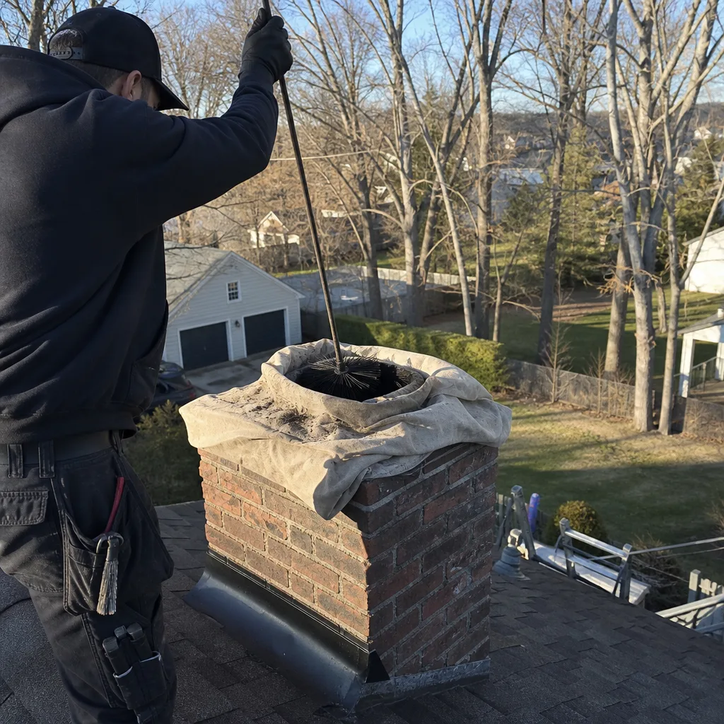Professional chimney sweep cleaning a brick chimney on a residential roof