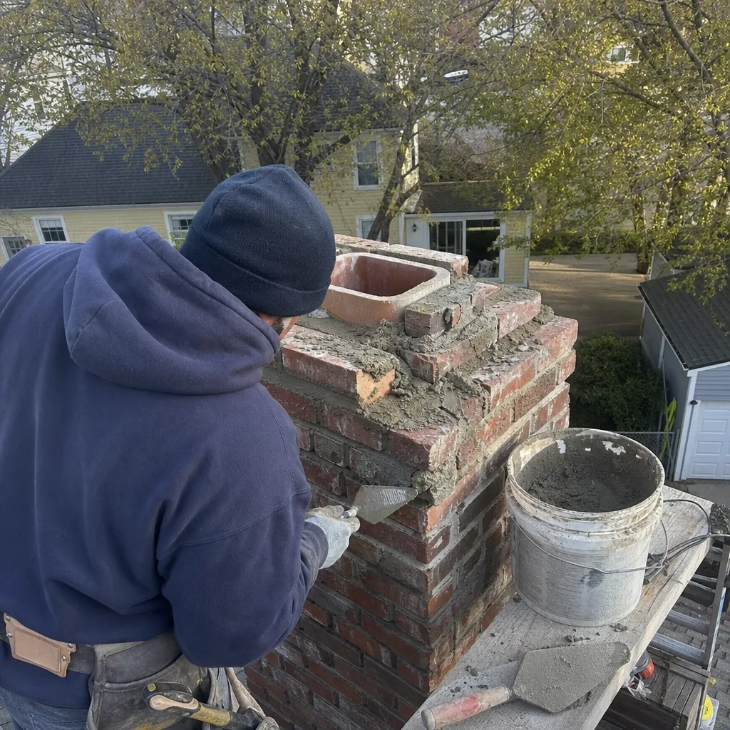 Professional mason performing brick chimney repair and mortar repointing on a roof