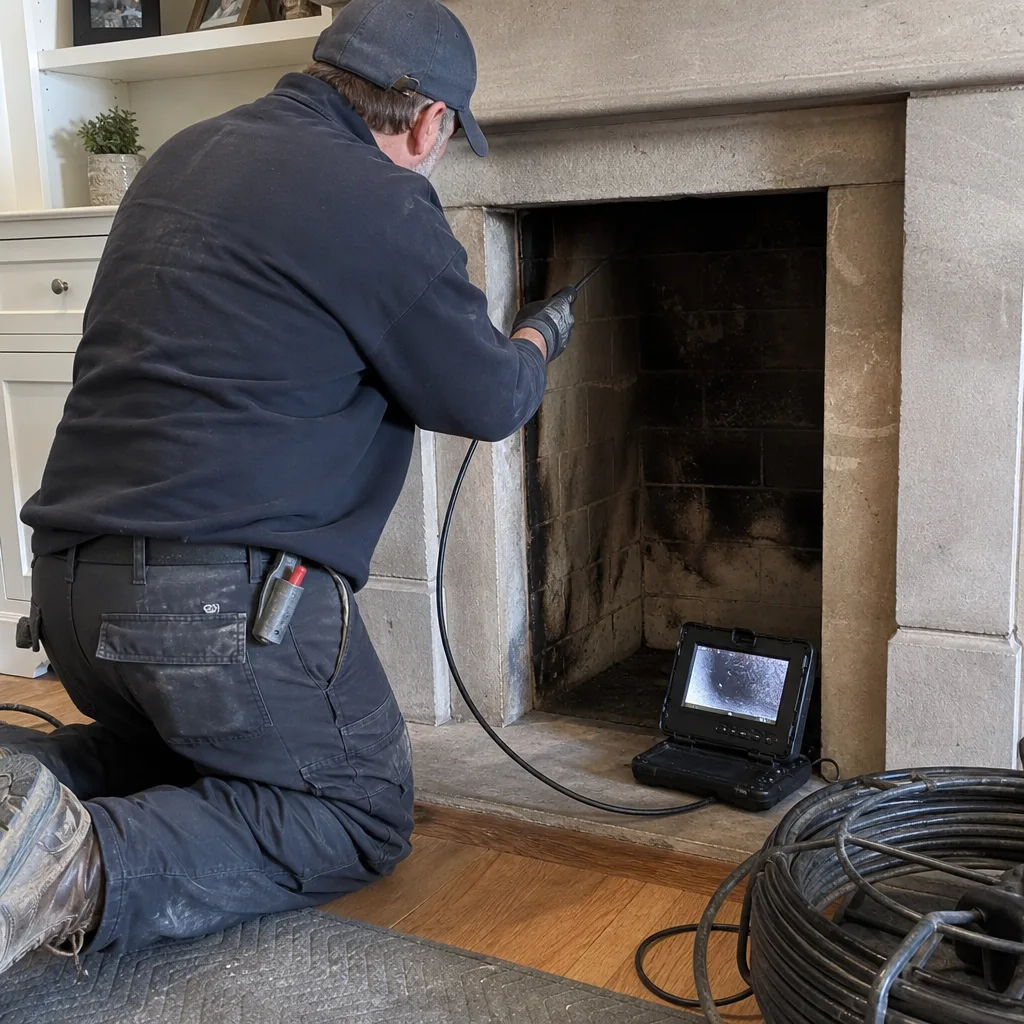 Technician performing professional chimney inspection and fireplace services