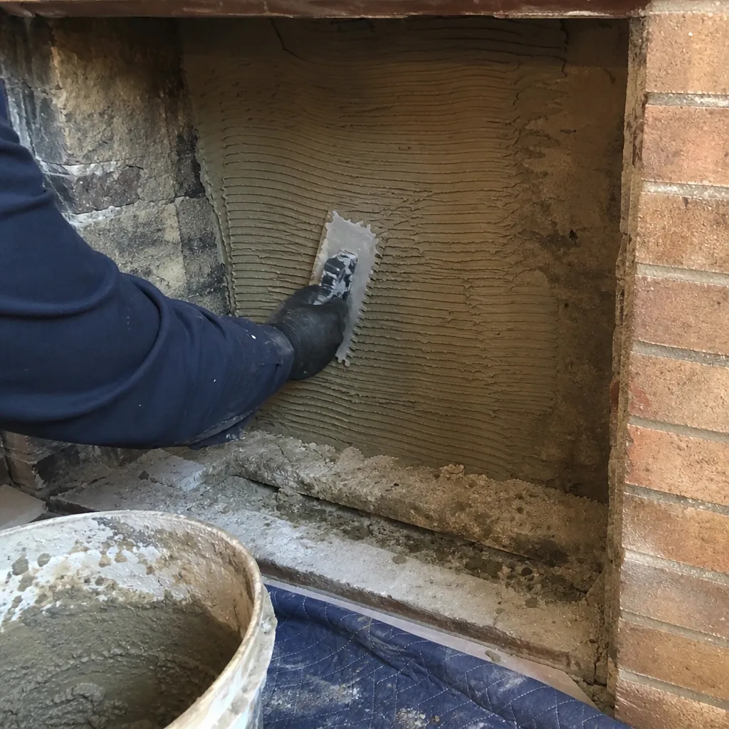 Professional applying mortar to fireplace brick interior with a notched trowel